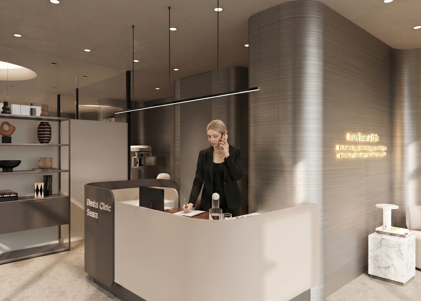 Seara dental clinic interior 3D render with reception and treatment area
