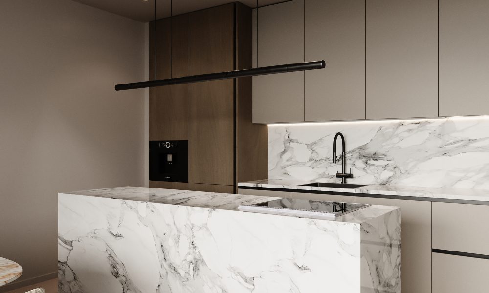 Modern apartment interior 3D render with living, dining, bedroom, bathroom area.