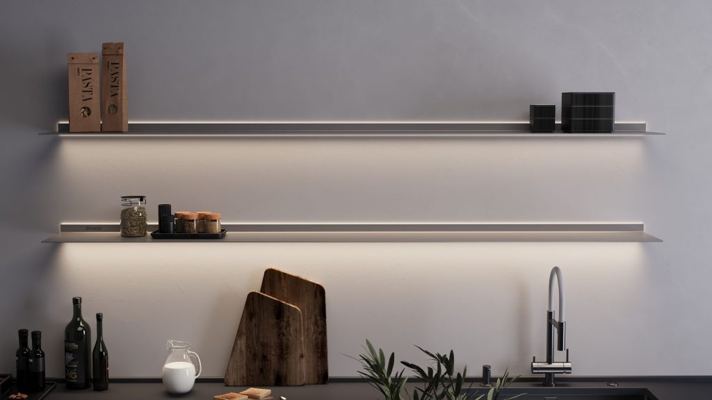Strackk aluminium shelf, living room interior, kitchen interior, bathroom interior 3D render