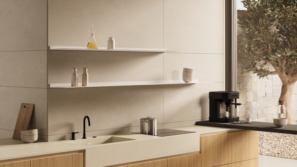 Strackk aluminium shelf, living room interior, kitchen interior, bathroom interior 3D render