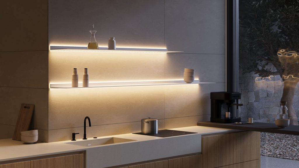 Strackk aluminium shelf, living room interior, kitchen interior, bathroom interior 3D render