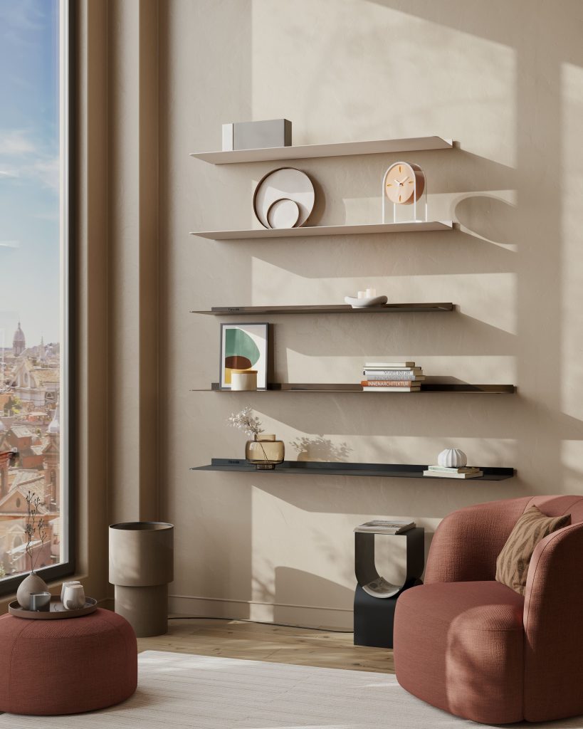 Strackk aluminium shelf, living room interior, kitchen interior, bathroom interior 3D render