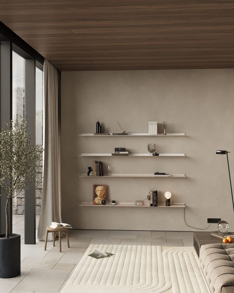 Strackk aluminium shelf, living room interior, kitchen interior, bathroom interior 3D render