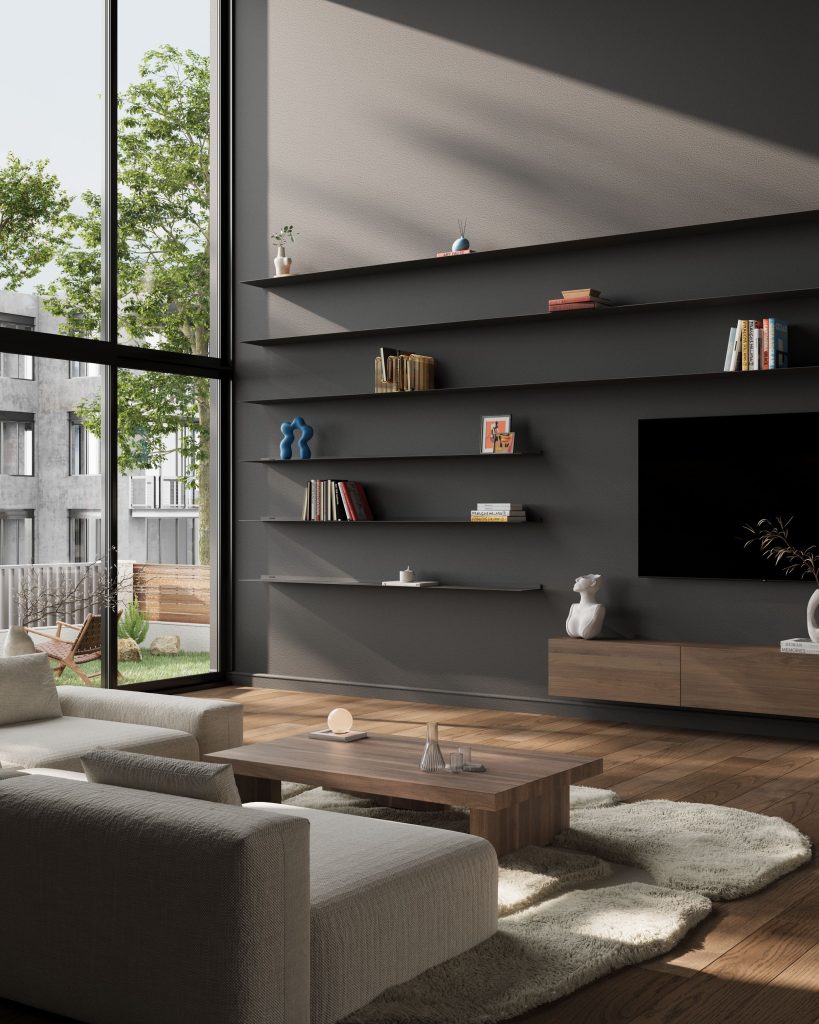 Strackk aluminium shelf, living room interior, kitchen interior, bathroom interior 3D render