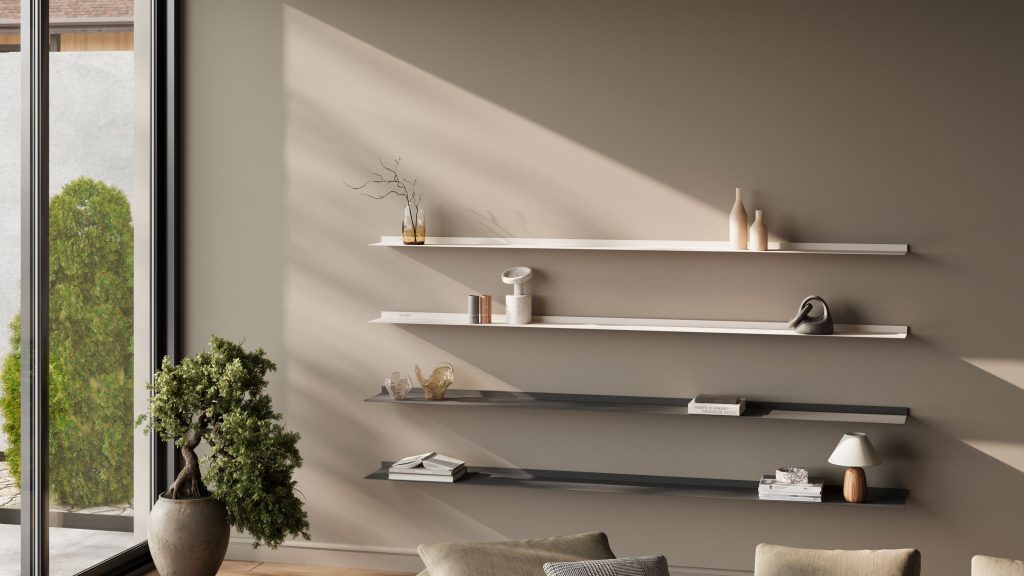Strackk aluminium shelf, living room interior, kitchen interior, bathroom interior 3D render