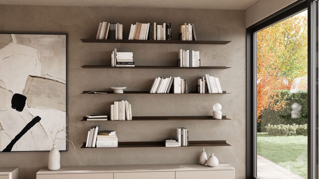 Strackk aluminium shelf, living room interior, kitchen interior, bathroom interior 3D render
