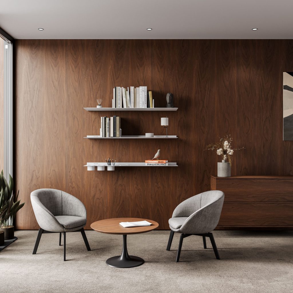 Strackk aluminium shelf, living room interior, kitchen interior, bathroom interior 3D render