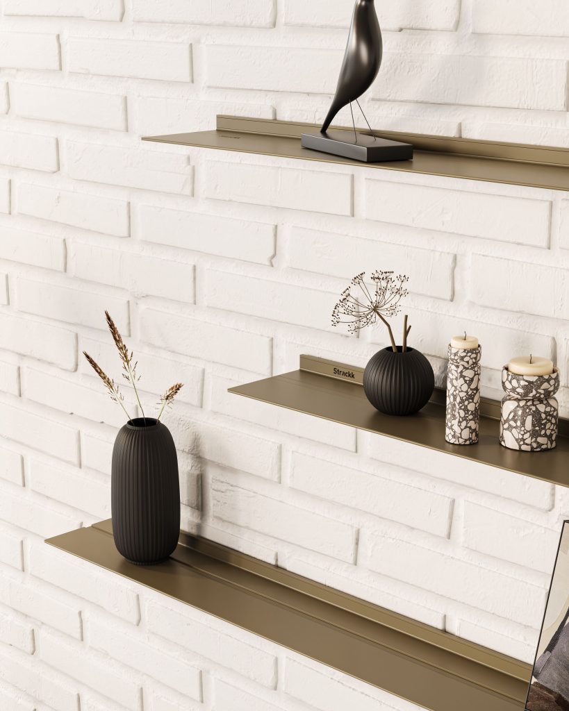 Strackk aluminium shelf, living room interior, kitchen interior, bathroom interior 3D render