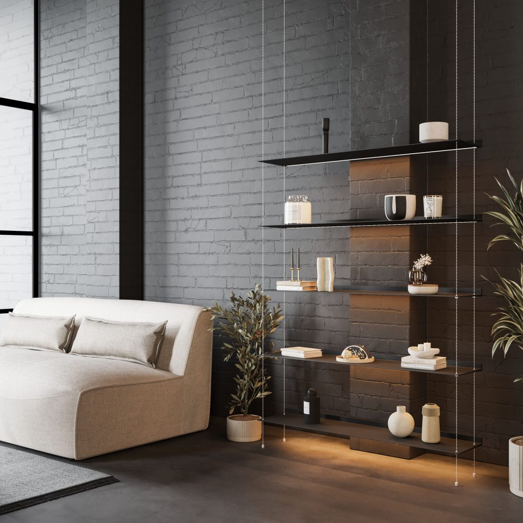 Strackk aluminium shelf, living room interior, kitchen interior, bathroom interior 3D render