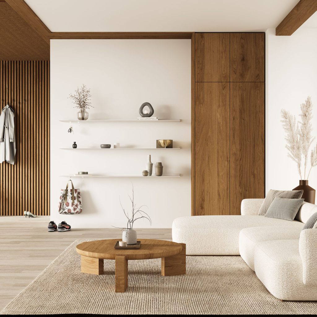 Strackk aluminium shelf, living room interior, kitchen interior, bathroom interior 3D render