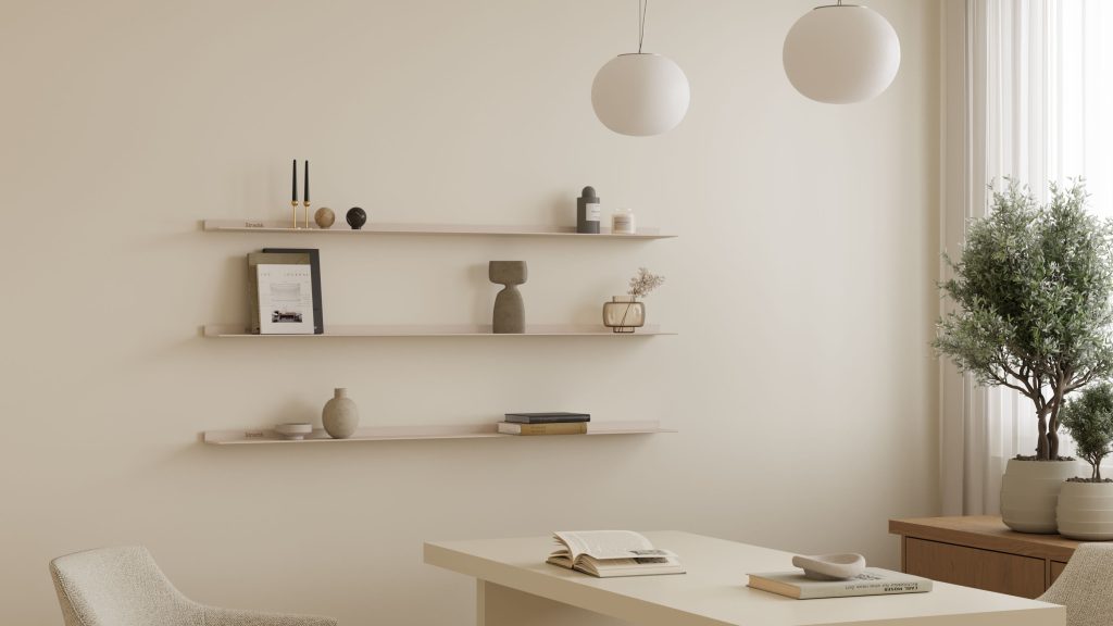 Strackk aluminium shelf, living room interior, kitchen interior, bathroom interior 3D render