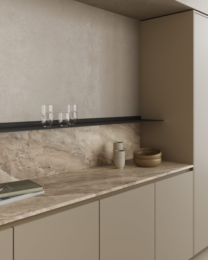 Strackk aluminium shelf, living room interior, kitchen interior, bathroom interior 3D render