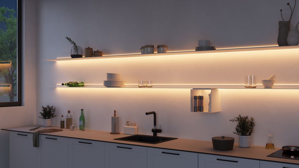 Strackk aluminium shelf, living room interior, kitchen interior, bathroom interior 3D render