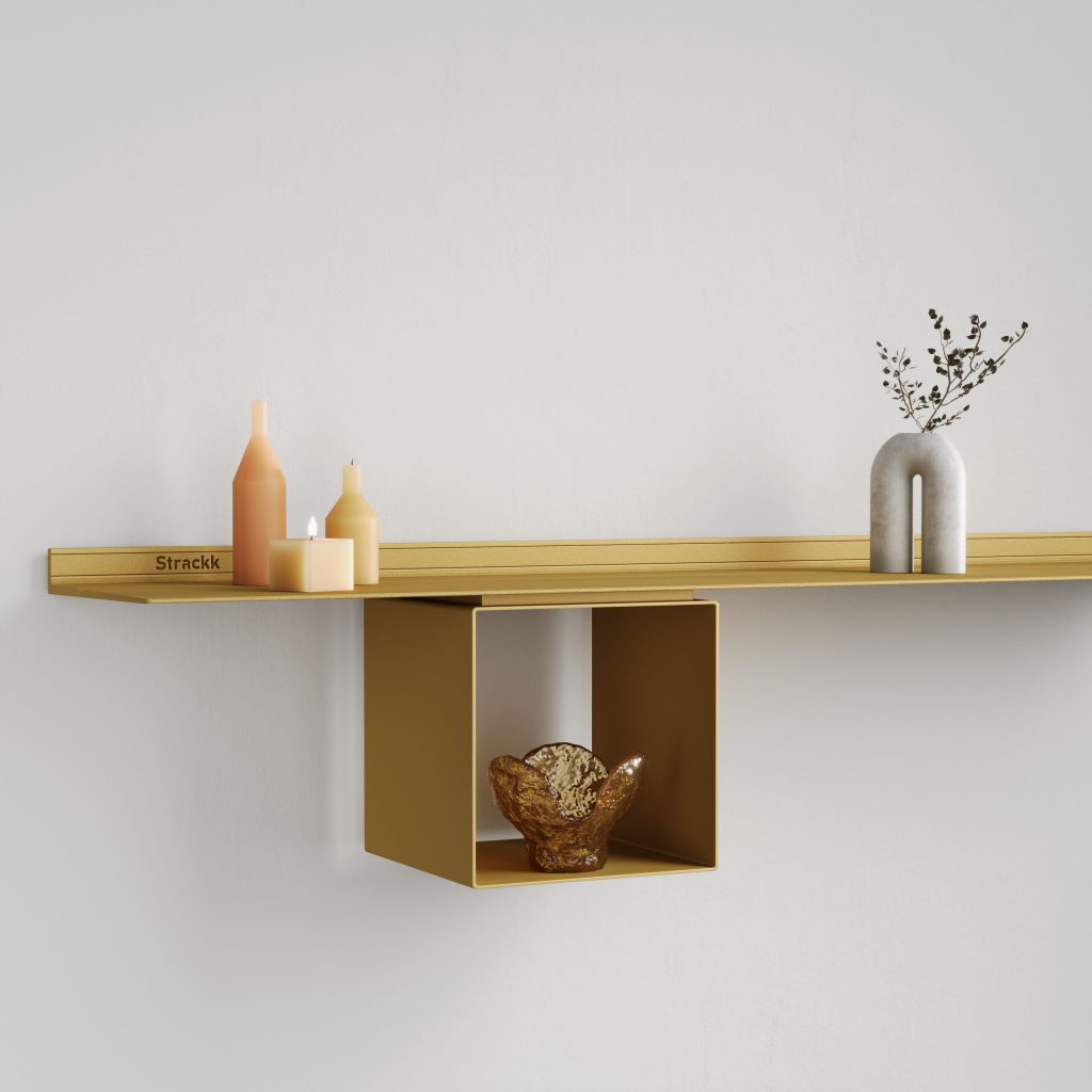 Strackk aluminium shelf, living room interior, kitchen interior, bathroom interior 3D render