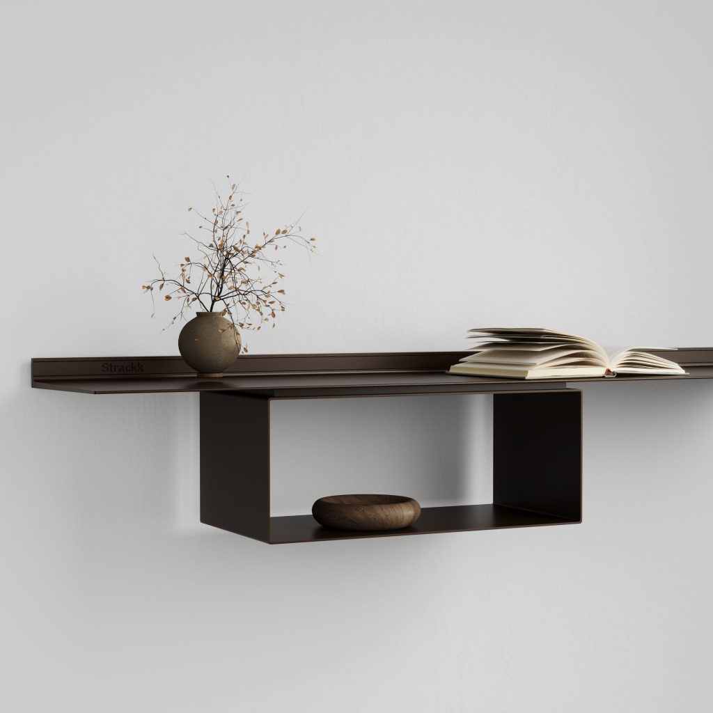 Strackk aluminium shelf, living room interior, kitchen interior, bathroom interior 3D render
