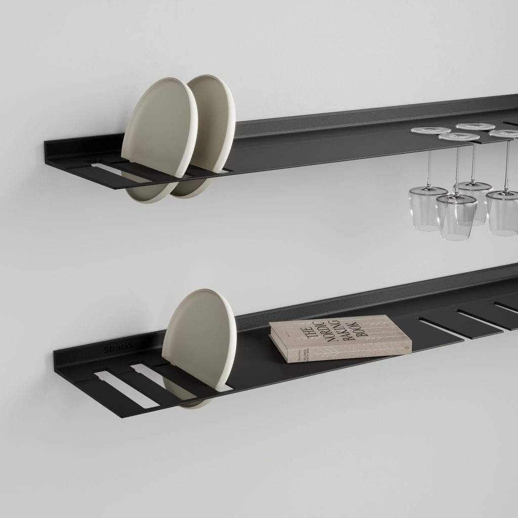 Strackk aluminium shelf, living room interior, kitchen interior, bathroom interior 3D render