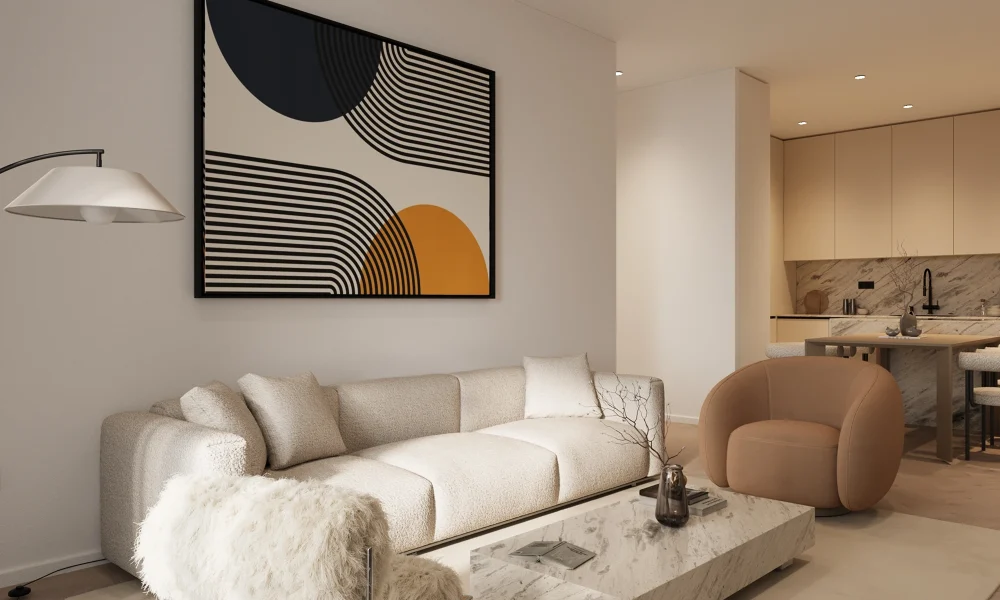 Modern full design of apartment, 2 bedrooms, 2 bathrooms, kitchen, dining area, location is in Dubai