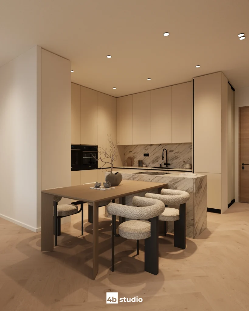 Modern full design of apartment, 2 bedrooms, 2 bathrooms, kitchen, dining area, location is in Dubai