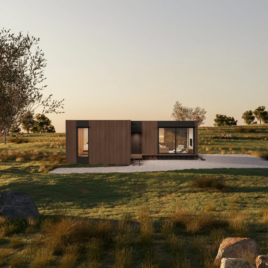 Modern villa exterior 3D render in landscape at golden hour