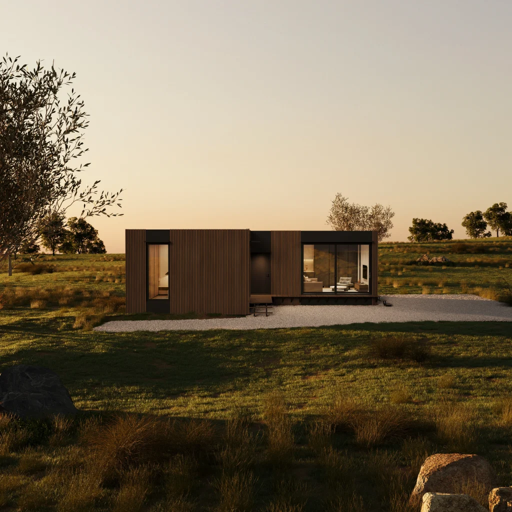 Modern villa exterior 3D render in landscape at golden hour