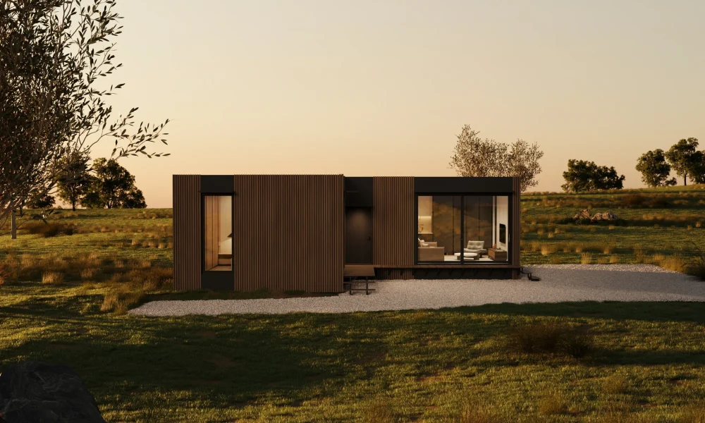 Modern villa exterior 3D render in landscape at golden hour