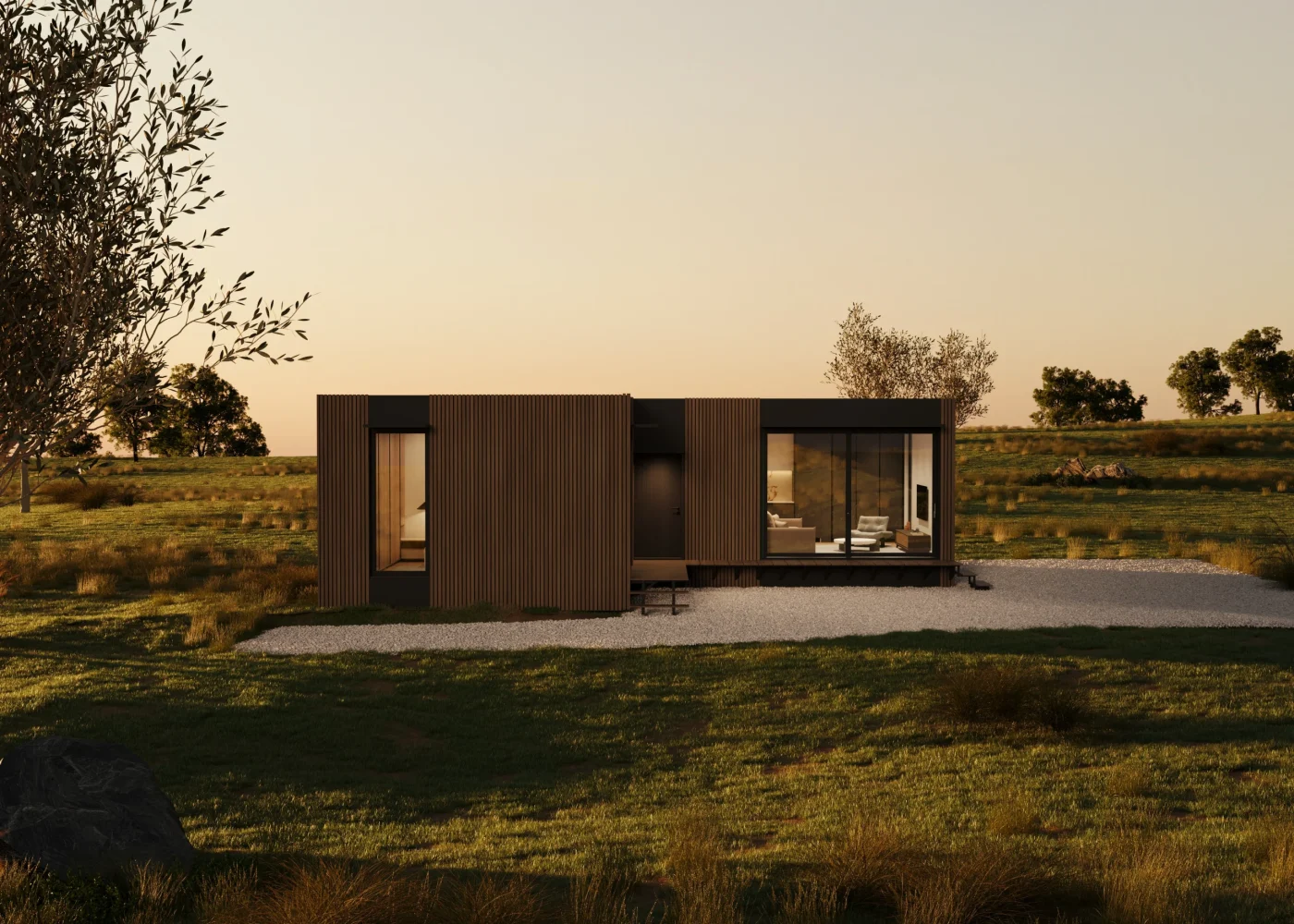 Modern villa exterior 3D render in landscape at golden hour