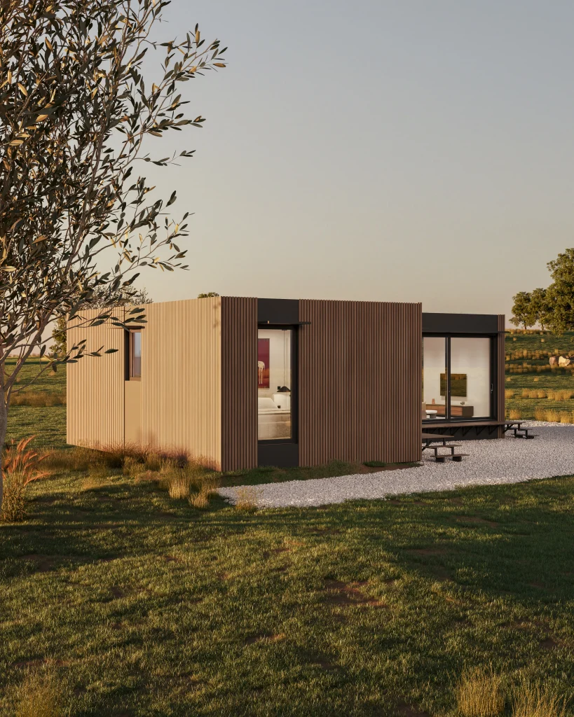 Modern villa exterior 3D render in landscape at golden hour