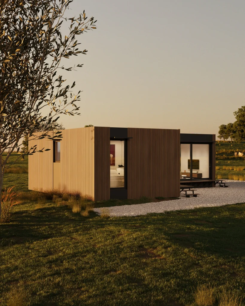 Modern villa exterior 3D render in landscape at golden hour