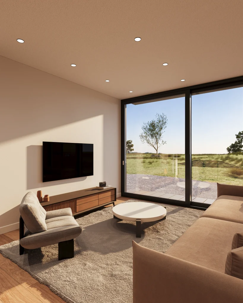 Modern villa exterior 3D render in landscape at golden hour