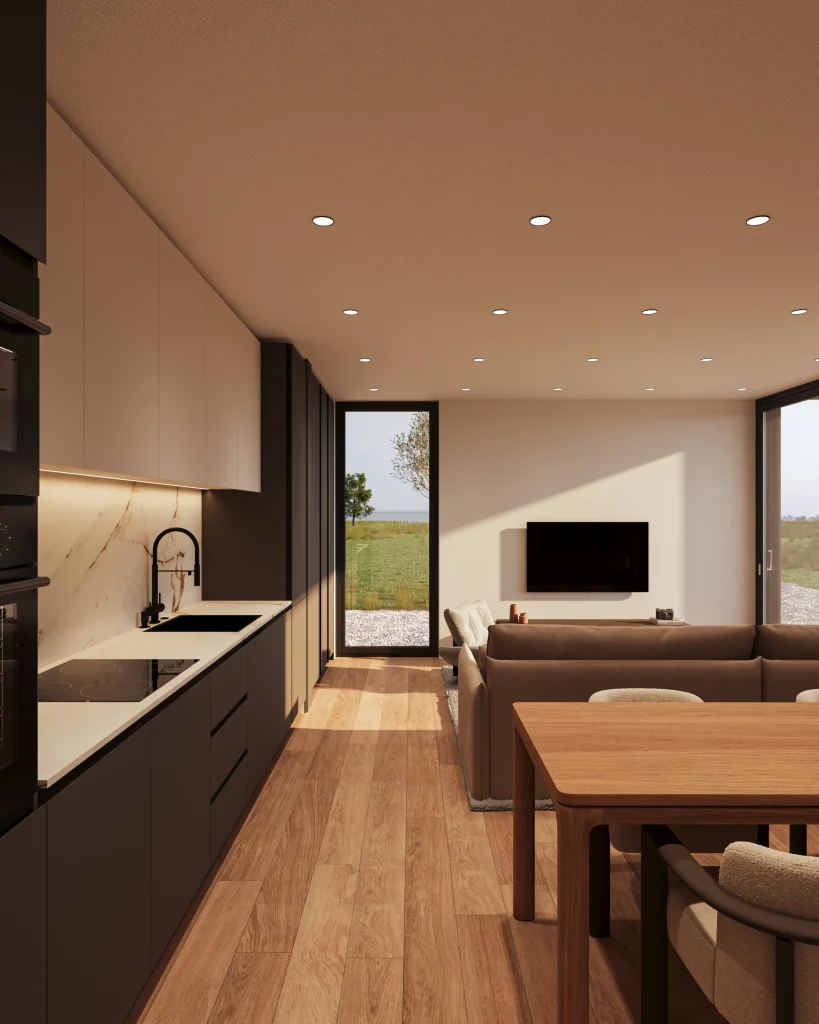 Modern villa exterior 3D render in landscape at golden hour