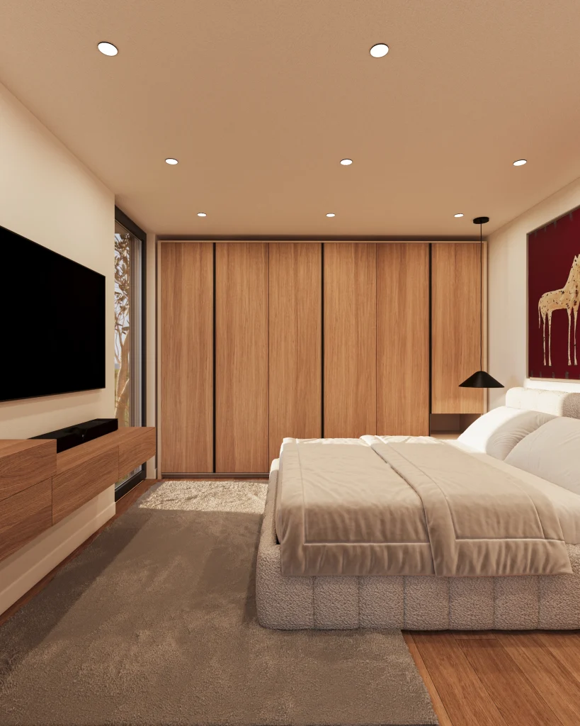 Modern villa exterior 3D render in landscape at golden hour