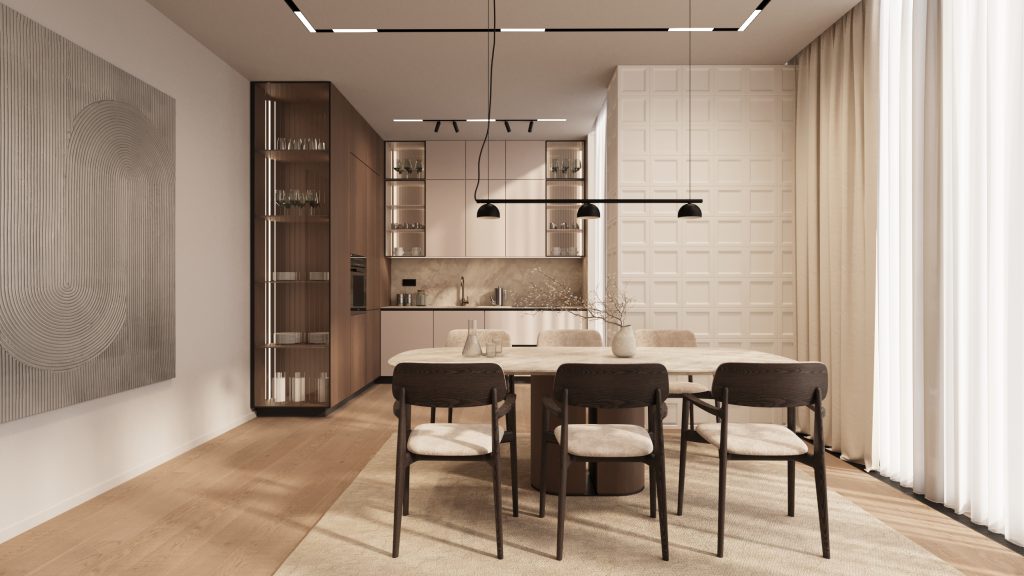 Modern full design of apartment, 2 bedrooms, 2 bathrooms, kitchen, dining area, location is in Dubai